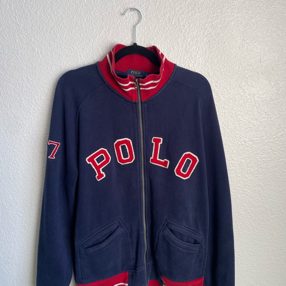 Ralph Lauren Red and Navy Full Zip Polo Sweater Size Large